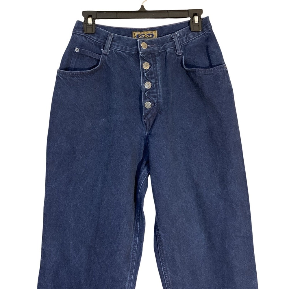 Bonjour Vintage High Rise Mom Jeans 13/14 Dark Blue Button Fly Tapered Leg 90s